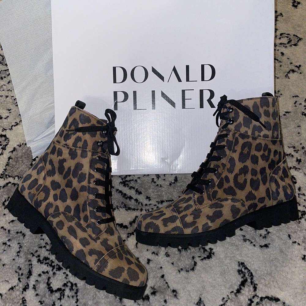 donald pliner combat boots leopard print